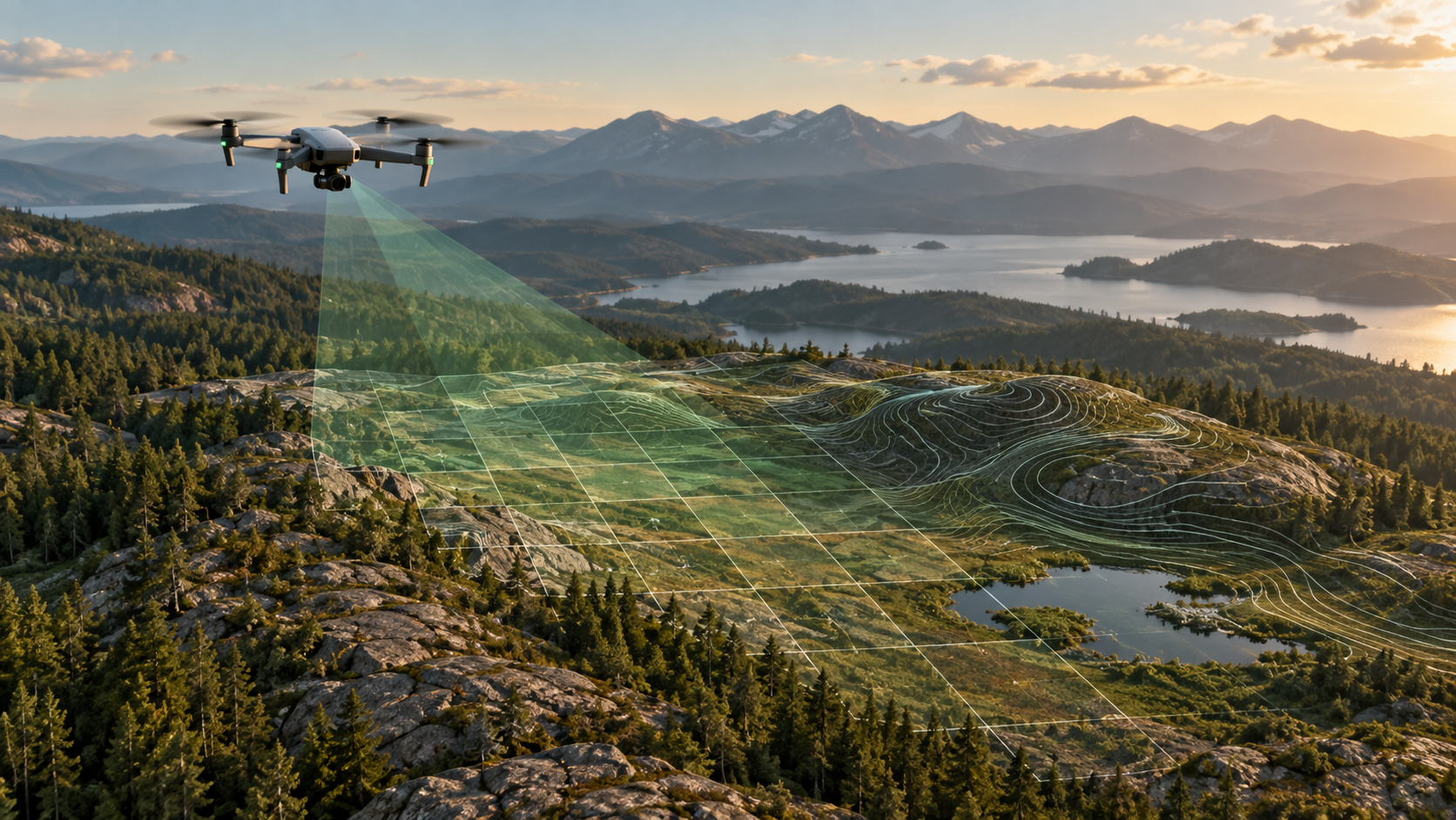 Illustration of a survey drone imaging terrain with mapping grid and contours
