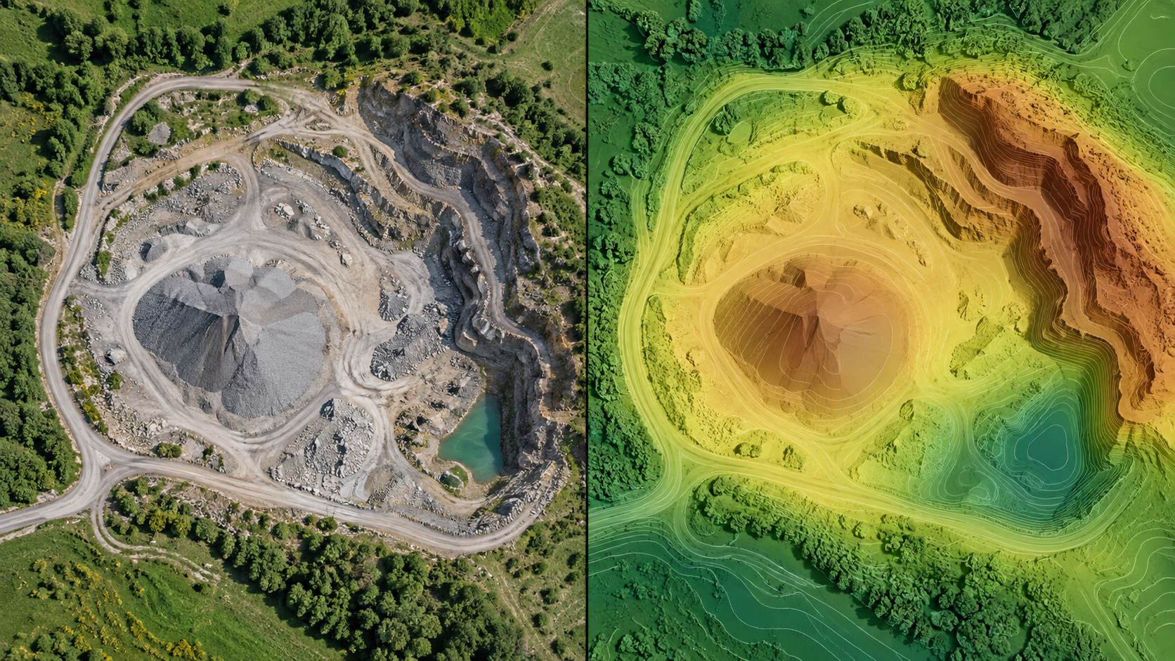 Illustration comparing an aerial image mosaic and a colored elevation surface